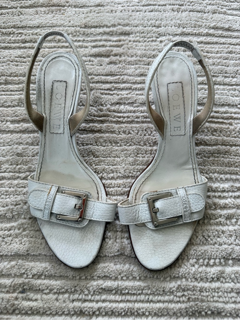 Loewe White Leather Buckle Slingback Sandals